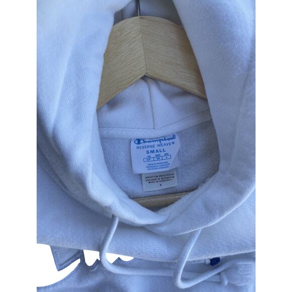 Champion Reverse Weave Men Chenille Patch Applique White‎ Hoodie Sz S - Picture 3 of 5